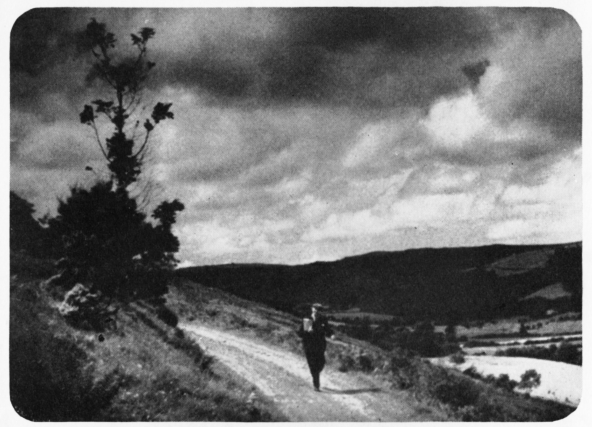 A man walks down a country road beside a valley