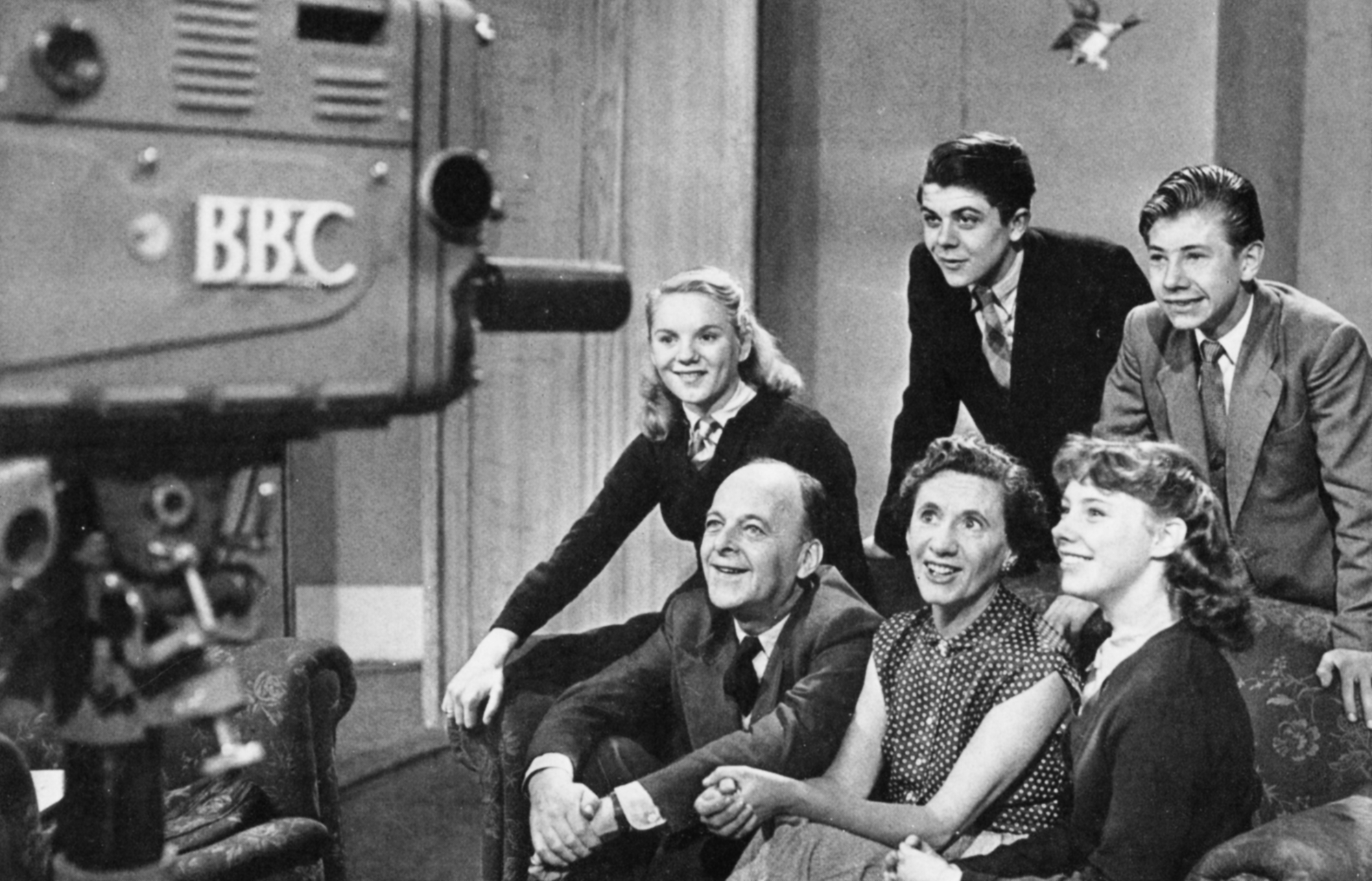 The six Appleyards look towards a BBC camera